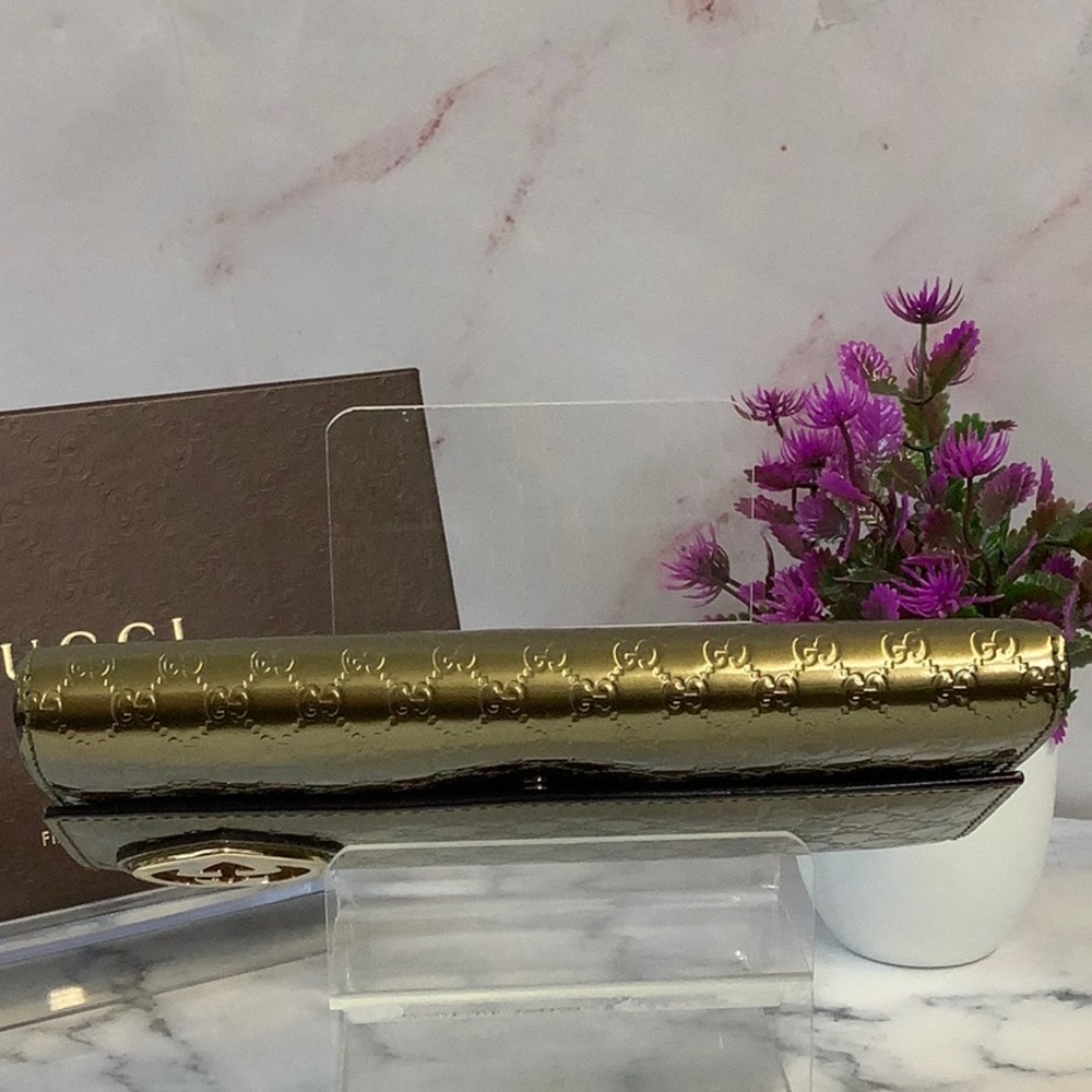GUC Gucci Micro Guccishima Gold Heart Logo  Metallic Gold Green Women's Wallet - Picture 3 of 6